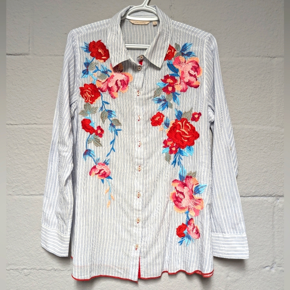 Soft Surroundings Embroidered Blouse Size M Lightweight Cotton Pinstripe